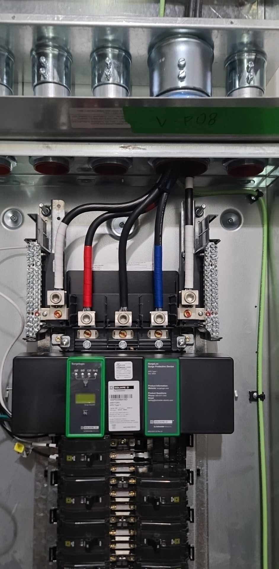 Distribution panel with surge protection devices and labelled service conductors